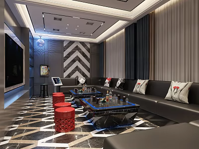Modern KTV Interior Design With Black Sofas Red Stools Large Screen And Marble Flooring 3d model