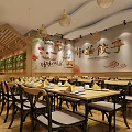 Natural Restaurant With Rattan Pendant Lights Wooden Tables And Chairs Decorative Paintings Green Plant Wall