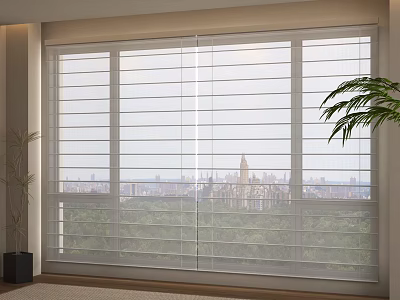 White Slatted Window Blinds In Modern Living Room With Bright City View And Greenery 3d model