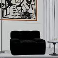 Black Velvet Tufted Leisure Chair with Side Table Abstract Painting Floor Lamp and Curtains