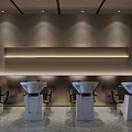Modern Hair Salon Interior With Hanging Lights Marble Reception Desk Styling Chairs And Elegant Mirror