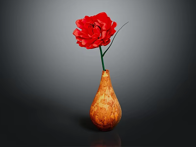 Beautiful Red Carnation In Brown Textured Vase On Black Surface With Gray Background 3d model