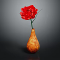 Beautiful Red Carnation In Brown Textured Vase On Black Surface With Gray Background
