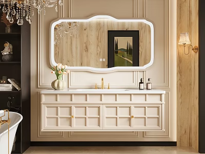 Elegant White Bathroom Vanity With Mirror Faucet Vase And Wooden Wall Decor 3d model