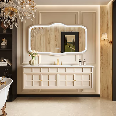 Elegant White Bathroom Vanity With Mirror Faucet Vase And Wooden Wall Decor 3d model