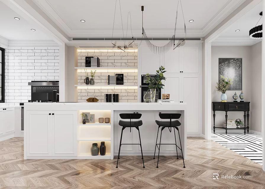 Modern Kitchen Interior With White Cabinets Island Black Bar Stools Brick Wall Herringbone Wood Floor 3d model 