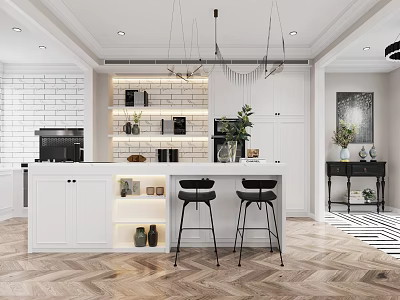 Modern Kitchen Interior With White Cabinets Island Black Bar Stools Brick Wall Herringbone Wood Floor 3d model