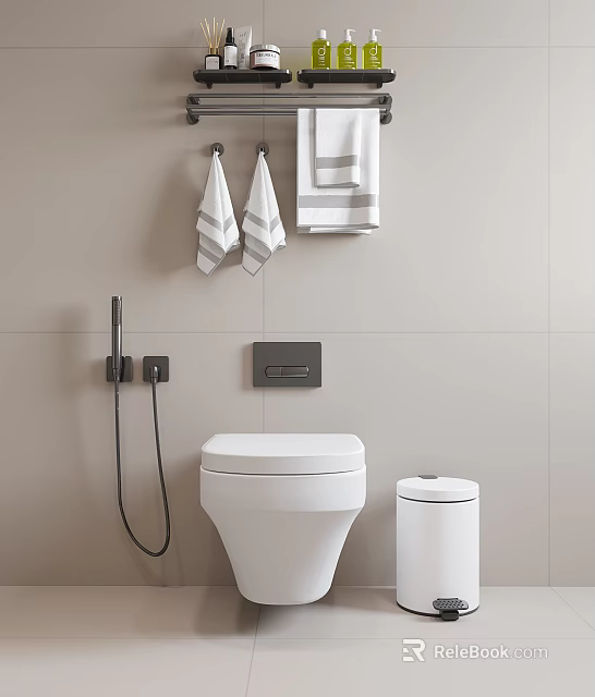 Sleek White Toilet in Modern Bathroom with Gray Wall Towels Trash Can and Black Fixtures 3d model 