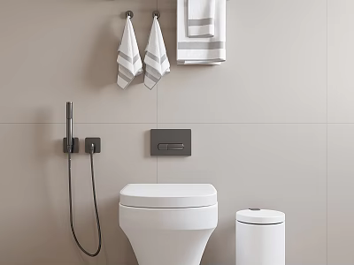 Sleek White Toilet in Modern Bathroom with Gray Wall Towels Trash Can and Black Fixtures 3d model