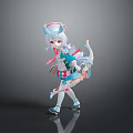 Cute Female Game Movie Character With Blue White Hair Headpiece Decorative Outfit And Bow Weapon