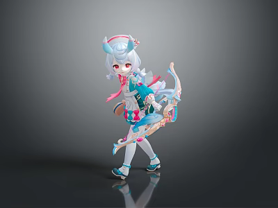 Cute Female Game Movie Character With Blue White Hair Headpiece Decorative Outfit And Bow Weapon 3d model