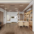 Modern Dining Living Room Interior with Wine Cabinet TV Cabinet Table Chairs and Pendant Lights