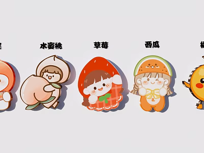 Cute Fruit Themed Cartoon Ornament Decoration Set With Peach Strawberry Watermelon And Chick Characters 3d model