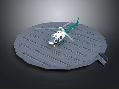 Green and White Helicopter Parked on Circular Gray Landing Platform Structure 3d model