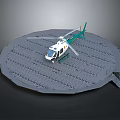 Green and White Helicopter Parked on Circular Gray Landing Platform Structure 3d model