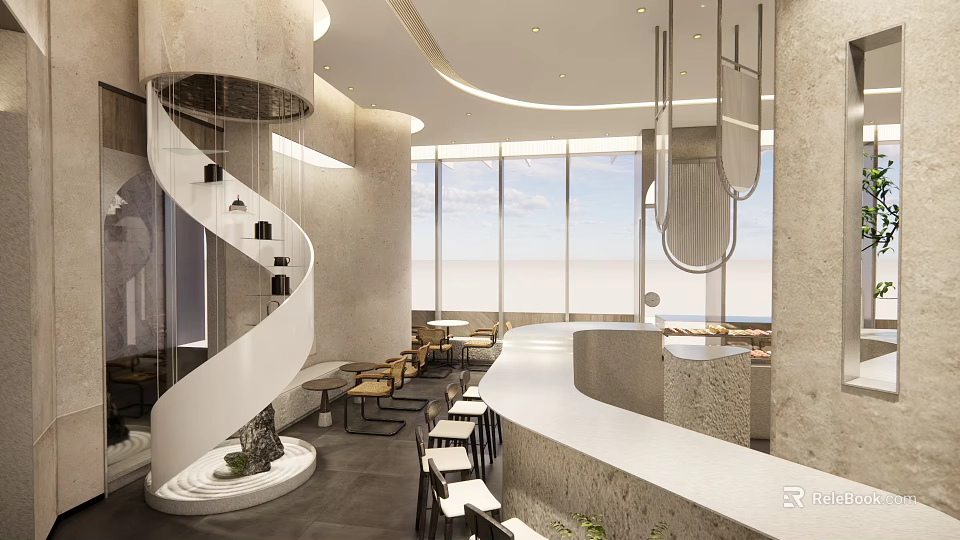 Modern Café Interior Design With Spiral Staircase Large Windows And Seating Area 3d model 