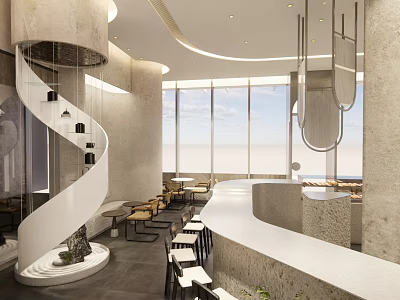 Modern Café Interior Design With Spiral Staircase Large Windows And Seating Area 3d model