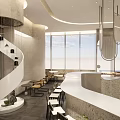 Modern Café Interior Design With Spiral Staircase Large Windows And Seating Area
