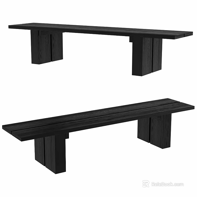 Black Wooden Benches With Modern Minimalist Design And Solid Wood Legs 3d model 