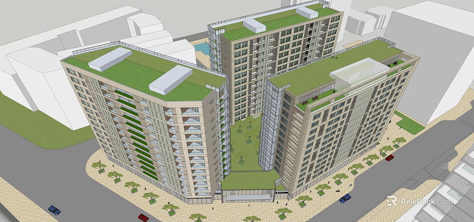 Modern Multi Storey Residential Buildings With Green Roofs And Courtyard Greenery 3d model 