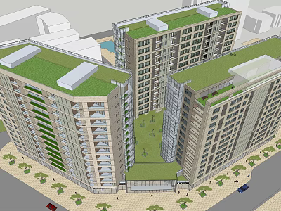 Modern Multi Storey Residential Buildings With Green Roofs And Courtyard Greenery 3d model