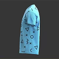 Stylish Blue T-shirt With Geometric Patterns Circles Triangles And Wavy Lines