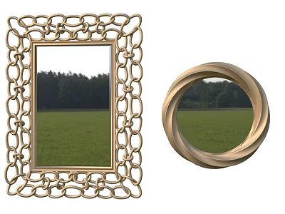 Rectangular And Circular Gold Frame Mirrors With Chain And Curved Designs Reflecting Green Meadow Trees 3d model