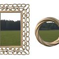 Rectangular And Circular Gold Frame Mirrors With Chain And Curved Designs Reflecting Green Meadow Trees 3d model