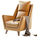Modern Beige Leather Leisure Chair With Armrest Wooden Legs And Plaid Throw Blanket