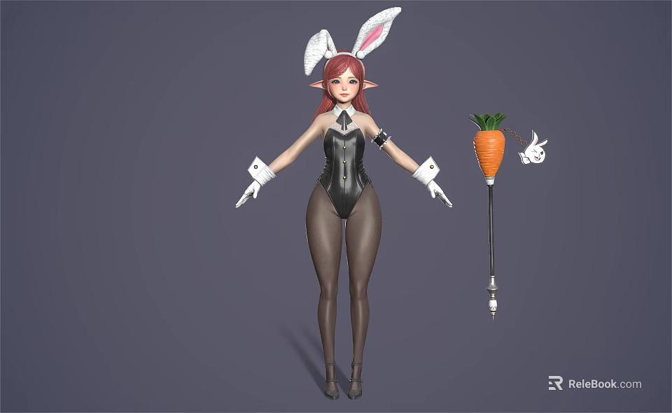 Woman with Bunny Ears and Red Hair in Black Bodysuit Holding Carrot and Rabbit Decoration 3d model 
