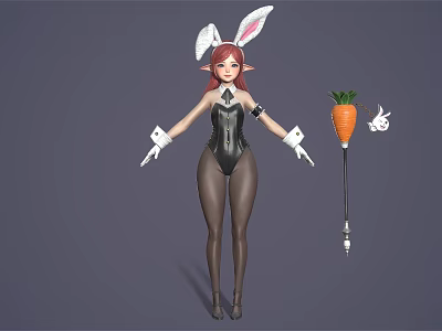 Woman with Bunny Ears and Red Hair in Black Bodysuit Holding Carrot and Rabbit Decoration 3d model