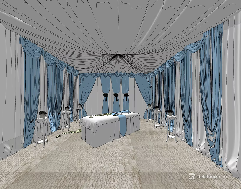 SPA Sauna Interior Design With Blue Curtains White Ceiling And Massage Table 3d model 