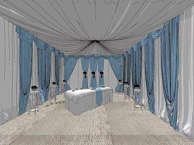 SPA Sauna Interior Design With Blue Curtains White Ceiling And Massage Table 3d model