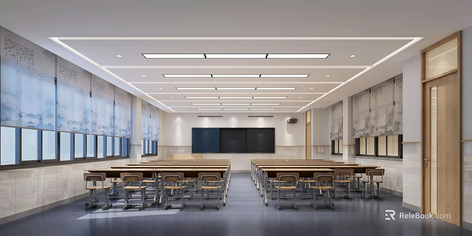 School Modern Spacious Classroom With Neatly Arranged Desks Blackboard Windows And Curtains 3d model 