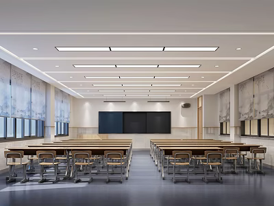 School Modern Spacious Classroom With Neatly Arranged Desks Blackboard Windows And Curtains 3d model