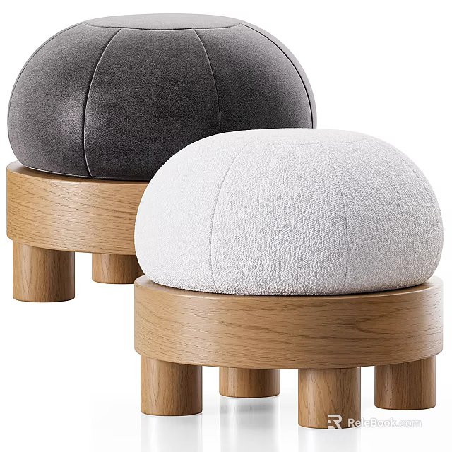 Modern Gray and White Round Ottoman with Fabric Upholstery Wooden Base and Legs 3d model 