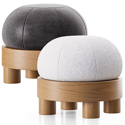 Modern Gray and White Round Ottoman with Fabric Upholstery Wooden Base and Legs 3d model