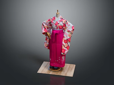Woman in Traditional Pink Kimono With Floral Patterns And Purple Obi 3d model