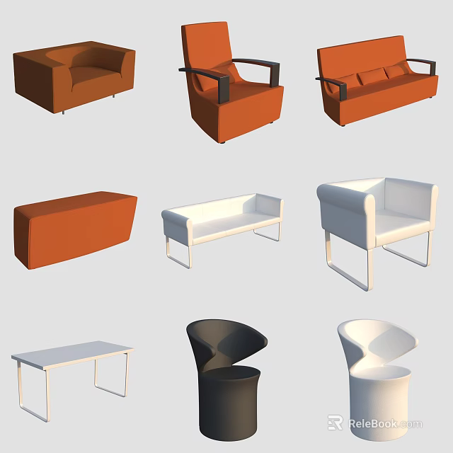 Modern Sofa and Coffee Table Set with Various Designs in Orange White and Black 3d model