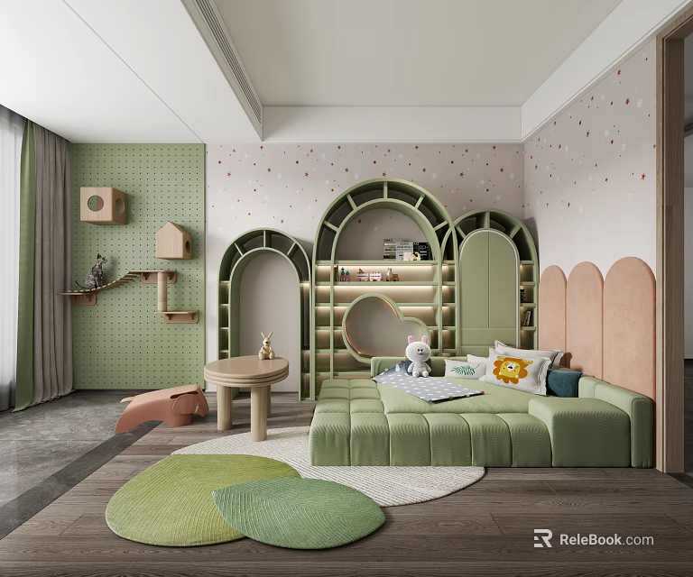 Green Themed Kids Room Interior With Arch Shelves Sofa And Rugs 3d model 