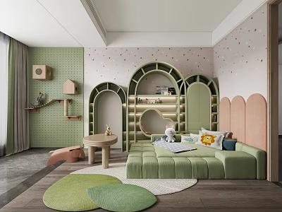 Green Themed Kids Room Interior With Arch Shelves Sofa And Rugs 3d model