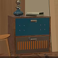 Stylish Wooden Blue Bedside Table with Drawers Metal Handles Vertical Stripes and Calligraphy Decor