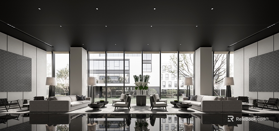 Modern Lounge Area With Large Windows Sofas Armchairs Coffee Tables Outdoor View And Flower Arrangement 3d model 