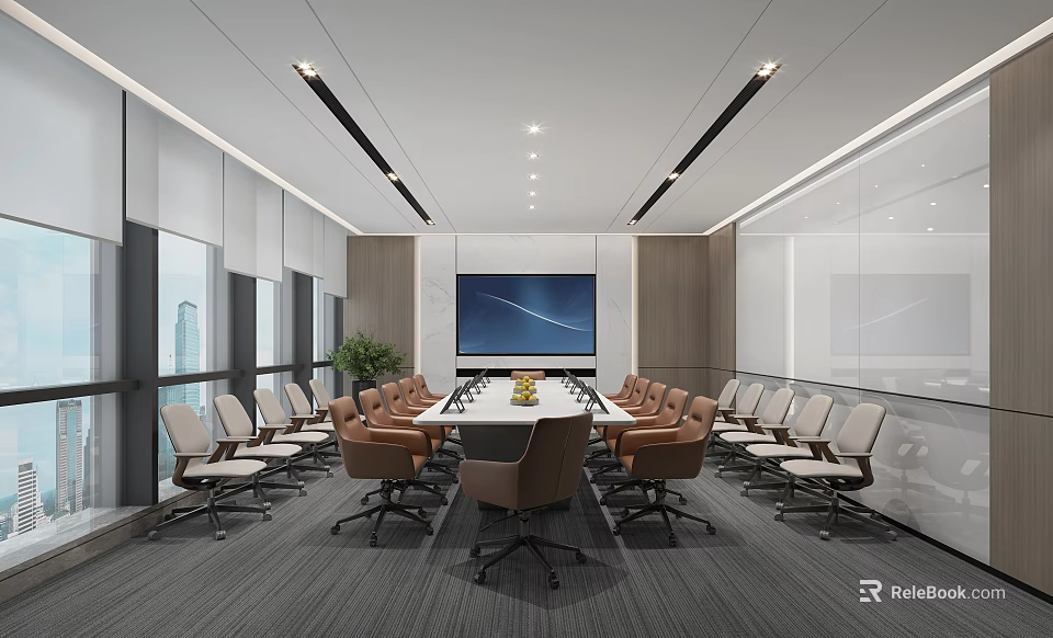 Modern Conference Room Interior With Long Meeting Table Comfortable Chairs Large Screen And Lighting 3d model 