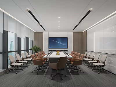 Modern Conference Room Interior With Long Meeting Table Comfortable Chairs Large Screen And Lighting 3d model