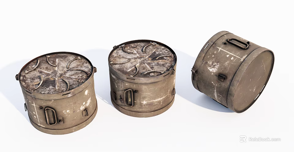 Industrial Equipment Worn Metal Drums With Handles And Lidded Surface Patterns 3d model 
