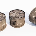 Industrial Equipment Worn Metal Drums With Handles And Lidded Surface Patterns