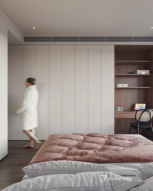 Modern Bedroom Interior Design With Gray Wardrobe Pink Comforter Wooden Bookshelf And Desk 3d model 