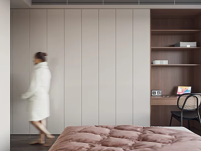 Modern Bedroom Interior Design With Gray Wardrobe Pink Comforter Wooden Bookshelf And Desk 3d model