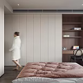 Modern Bedroom Interior Design With Gray Wardrobe Pink Comforter Wooden Bookshelf And Desk